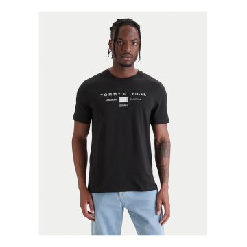 Tricou cu imprimeu logo si decolteu la baza gatului - Negru