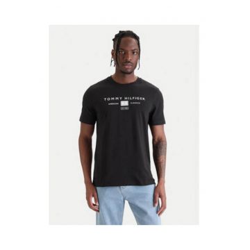 Tricou cu imprimeu logo si decolteu la baza gatului - Negru