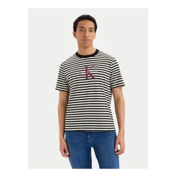 Tricou din bumbac cu guler contrastant - model in dungi si logo