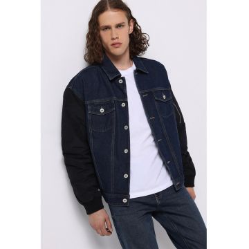 Jacheta din denim cu buzunare pe piept - Bleumarin