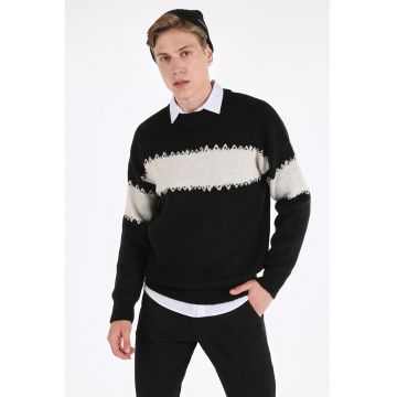Pulover cu decolteu la baza gatului si model colorblock - Alb fildes/Negru