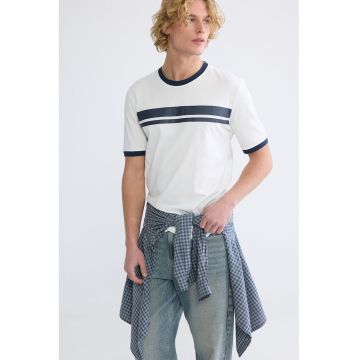Tricou cu decolteu la baza gatului si dungi - Alb/Bleumarin
