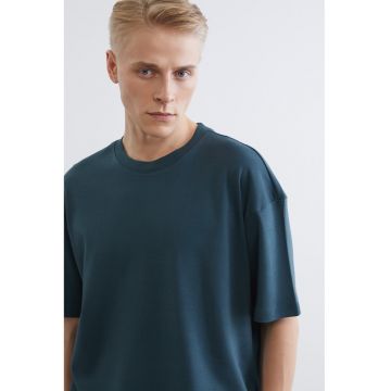 Tricou din bumbac cu decolteu la baza gatului - Albastru petrol