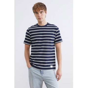 Tricou din bumbac cu dungi - Alb/Bleumarin