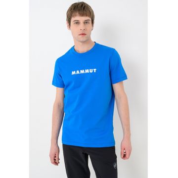 Tricou din bumbac organic cu decolteu la baza gatului si imprimeu logo - Albastru deschis