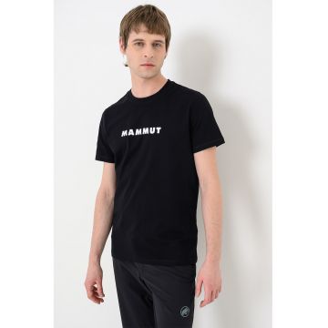 Tricou din bumbac organic cu decolteu la baza gatului si imprimeu logo - Negru