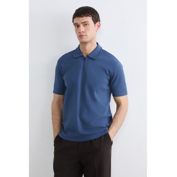 Tricou polo cu model uni si fenta cu fermoar - Albastru indigo