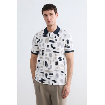 Tricou polo din bumbac cu model - Alb/Albastru ultramarin/Maro taupe deschis