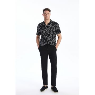 Pantaloni din amestec de in cu snur - Negru