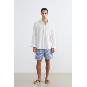 Pantaloni scurti cu snururi si model in carouri - Alb/Bleumarin