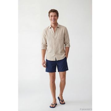 Pantaloni scurti de baie cu buzunare cu fermoar si model uni - Bleumarin