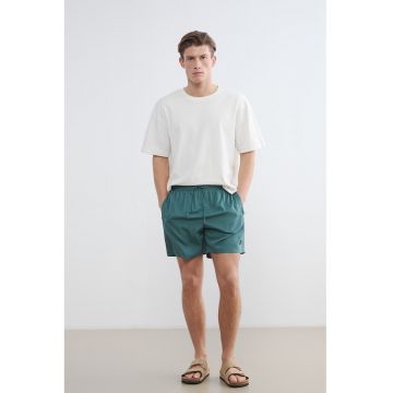 Pantaloni scurti de baie cu buzunare cu fermoar si model uni - Verde persan