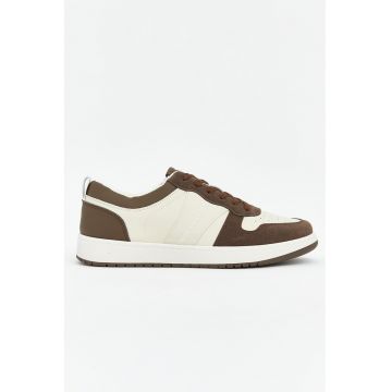 Pantofi sport din piele ecologica cu detalii perforate - Maro/Crem