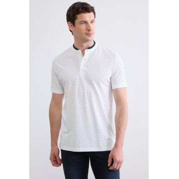 Tricou de bumbac cu fenta cu nasturi - Alb/Albastru ultramarin