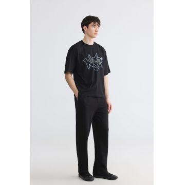 Tricou din bumbac cu imprimeu text - Negru/Albastru inchis