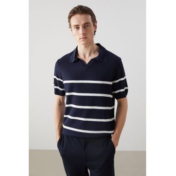 Tricou polo cu dungi - Alb/Bleumarin