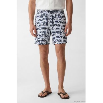 Pantaloni scurti de baie cu imprimeu si croiala lejera - Alb/Albastru inchis