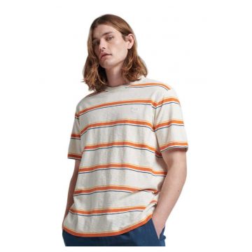 Tricou barbati Superdry - bumbac organic - dungi texturate - alb-portocaliu
