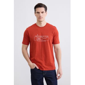 Tricou de bumbac cu imprimeu text - Alb/Caramiziu