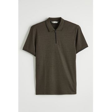 Tricou polo cu fenta cu fermoar - Verde padure