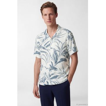 Camasa cu maneci scurte si model tropical - Alb/Albastru prafuit