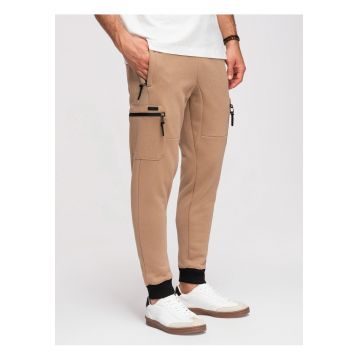 Pantaloni jogger cu buzunare cargo si material elastic - Bej