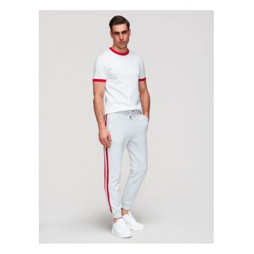 Pantaloni jogger cu elastic si buzunare laterale din material moale - Gri deschis melange