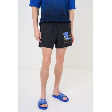 Pantaloni scurti de baie cu imprimeu si banda elastica in talie - Negru/Albastru