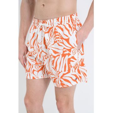 Pantaloni scurti de baie cu model si buzunare laterale - Alb/Portocaliu