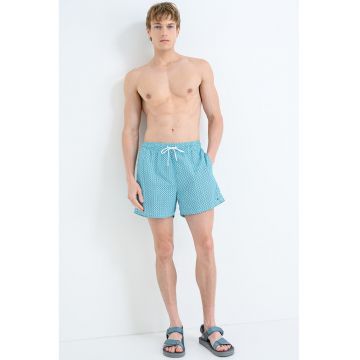 Pantaloni scurti de baie cu model si buzunare laterale - Alb/Turcoaz