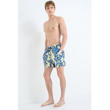 Pantaloni scurti de baie cu model si buzunare laterale - Albastru inchis/Galben deschis