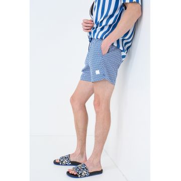 Pantaloni scurti de baie cu model si chiloti integrati din plasa Vibe - Albastru royal/Bej sampanie
