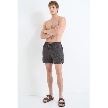 Pantaloni scurti de baie cu model si chiloti integrati din plasa Vibe - Negru/Maro