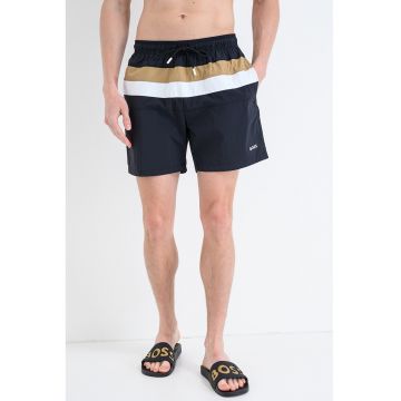 Pantaloni scurti de baie cu snur in talie si model in dungi Louis - Negru/Caramel
