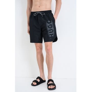 Pantaloni scurti de baie cu snur si imprimeu logo - Negru/Gri inchis