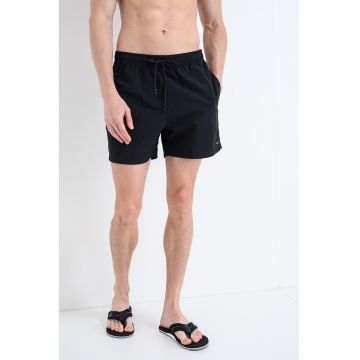 Pantaloni scurti de baie cu snururi si model uni - Negru