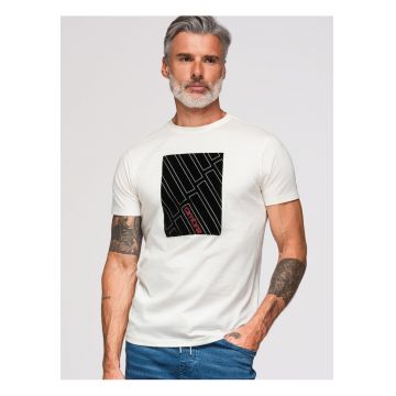 tricou barbati cu imprimeu geometric din bumbac si croiala regular fit - Alb