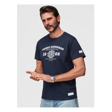 tricou barbati cu print inspirat din stilul colegial din bumbac - Bleumarin