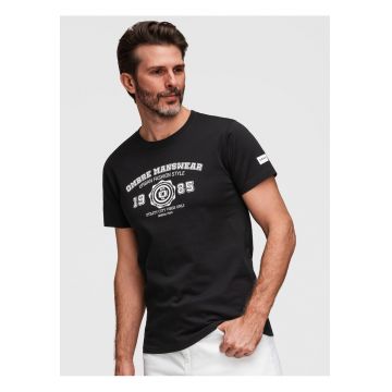 tricou barbati cu print inspirat din stilul colegial din bumbac - Negru