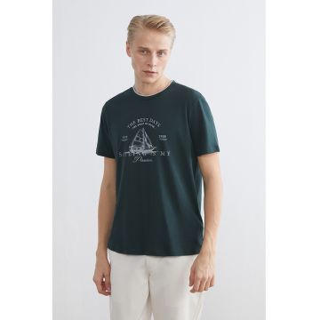 Tricou de bumbac cu imprimeu pe piept - Alb/Verde englez
