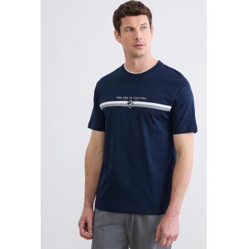 Tricou de bumbac cu imprimeu text - Alb/Gri cenusiu/Bleumarin