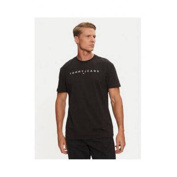 Tricou din bumbac cu imprimeu logo si decolteu la baza gatului -