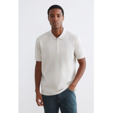 Tricou polo cu fenta cu fermoar - Alb fildes