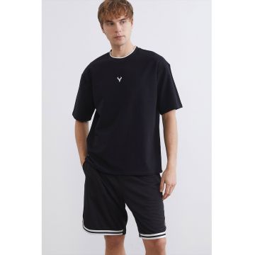 Tricou supradimensionat cu decolteu la baza gatului - Negru/Alb optic
