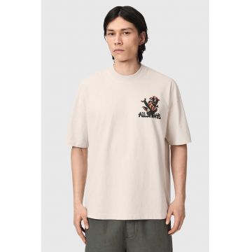 Tricou supradimensionat din bumbac organic cu imprimeu grafic - Gri verzui/Alb murdar/Rosu mac