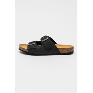 Papuci din piele cu catarame Flint - Negru