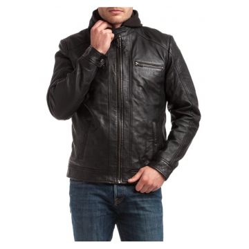 Sacou din piele  Leif - negru - cu gluga detasabila - 4 buzunare - pentru barbati -