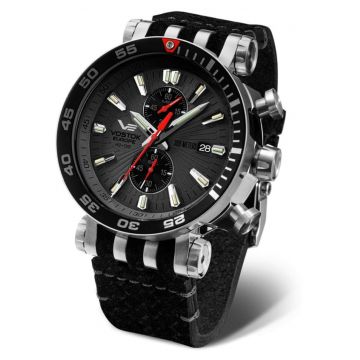 Ceas masculino  VK61-575A588 set cu curea neagră din piele și curea suplimentară din silicon - oțel - negru