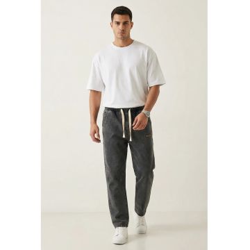 Pantaloni barbati -  Baggy Denim Joggers - talie elastica - gri antracit - bumbac-elastan -