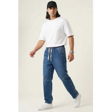 Pantaloni barbati -  Baggy din Denim - Albastru Marin - Casual - cu Snur in Talie -